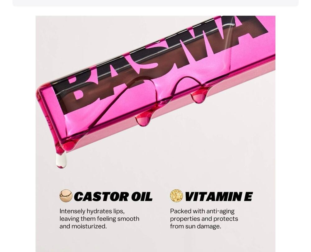 BASMA The Ultra-Hydrating Liquid Lipstick highlighting its key ingredients,m